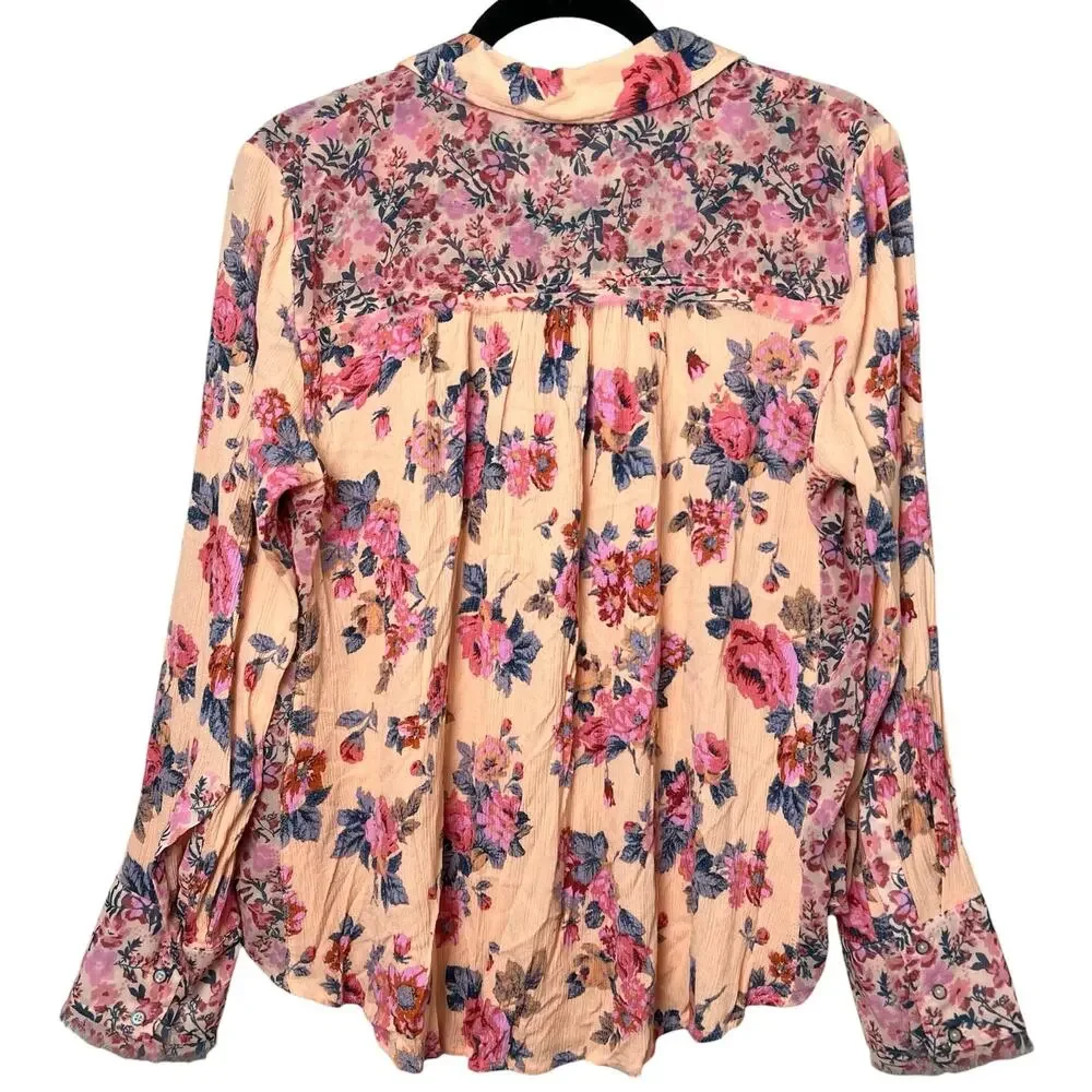 Free People Hold On To Me Floral Button Front Blouse Coral Cottage Boho Large